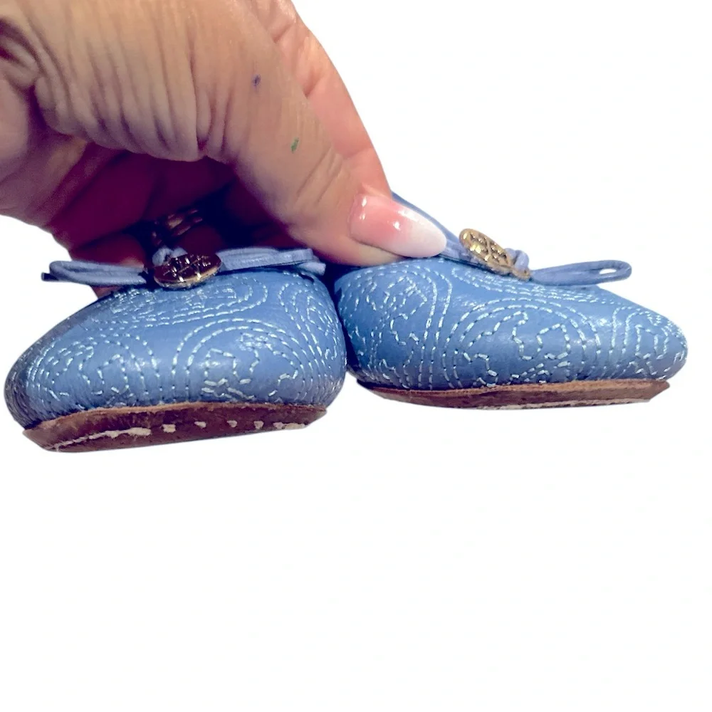 TORY BURCH CHELSEA LIGHT OCEAN BLUE BALLET TOE BOW CHARM ROUND TOE FLATS 7